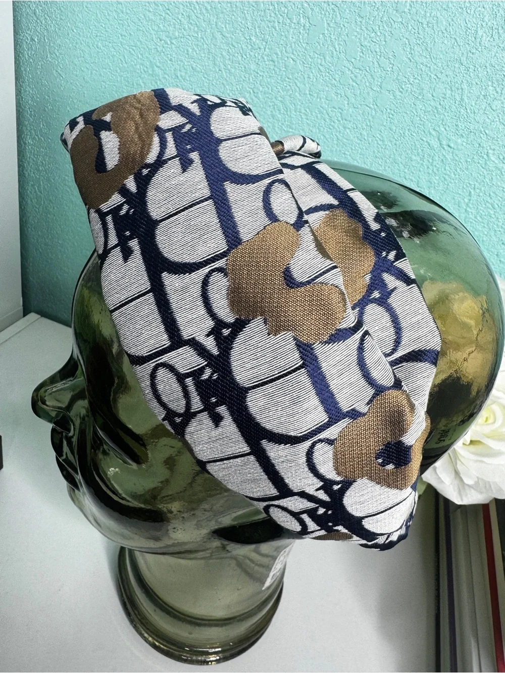 Dior Navy, White & Gold Silk Logo-Print Scarf